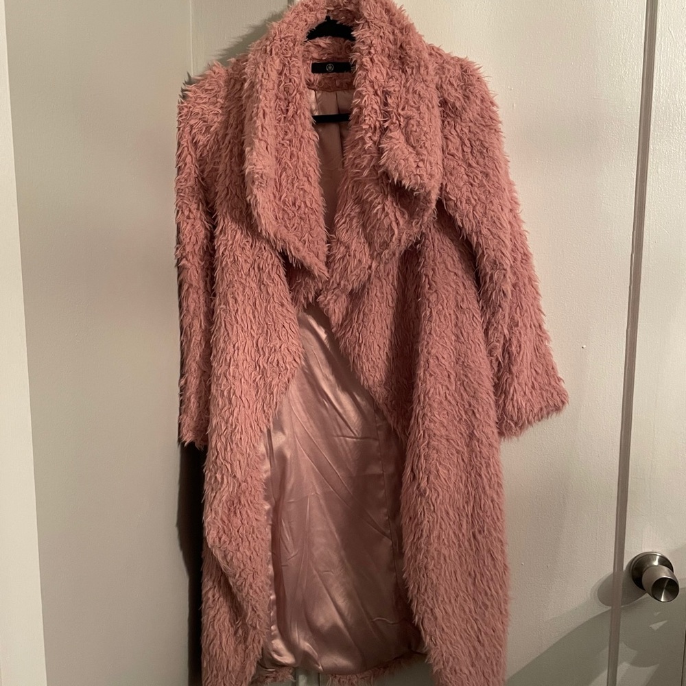 Fuzzy pink duster coat